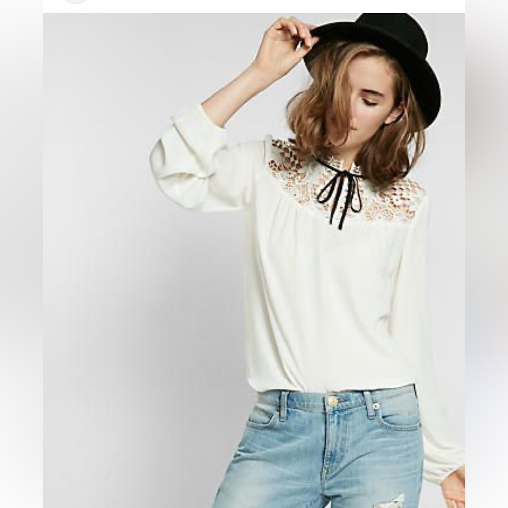 Express White Crochet Lace Up Sheer Top sz M